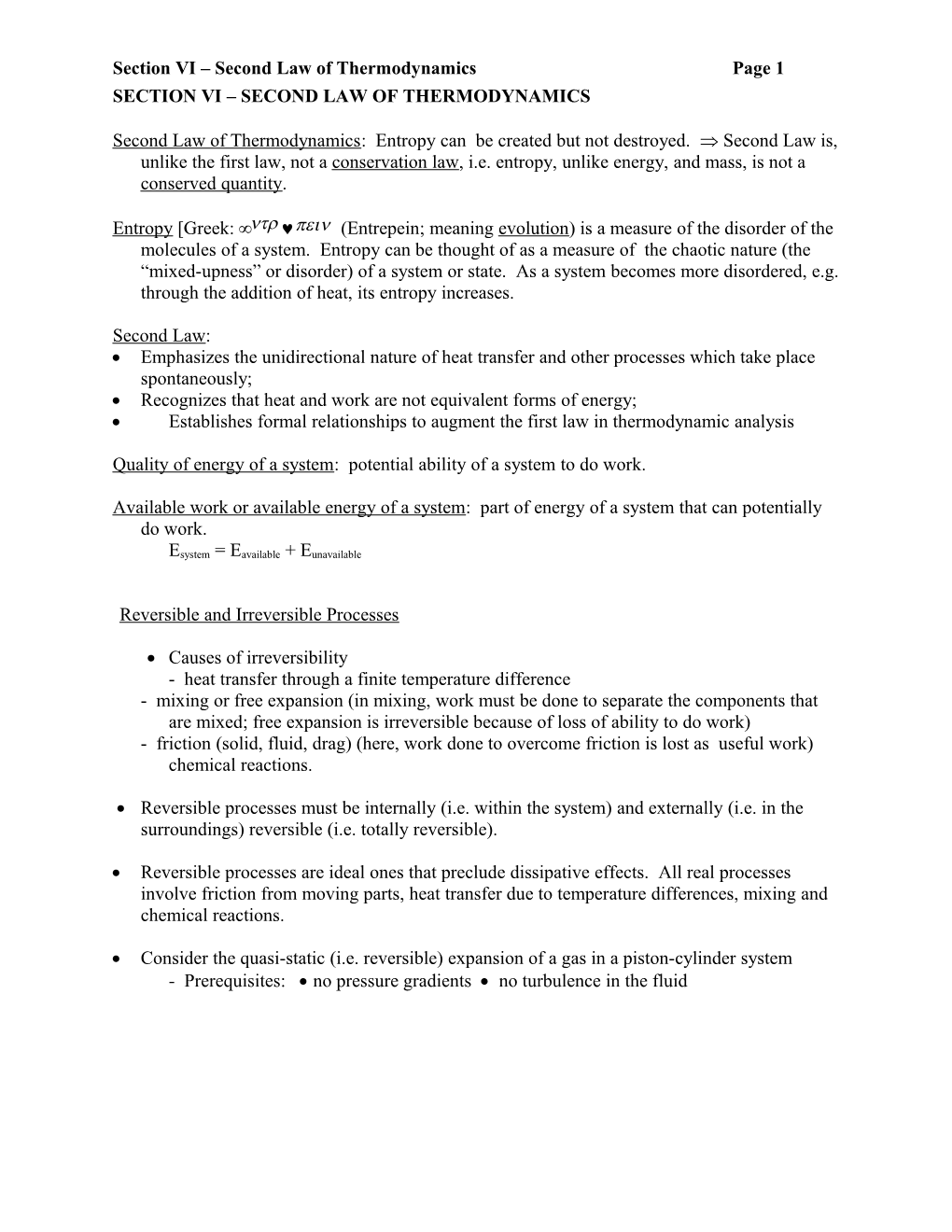 Section VI Second Law of Thermodynamicspage 1