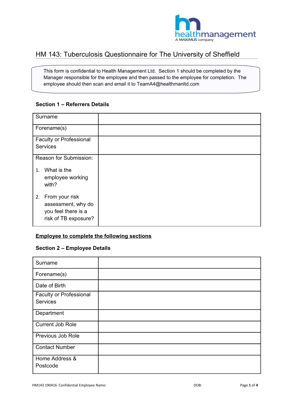 HM 143:Tuberculosis Questionnaire for the University of Sheffield