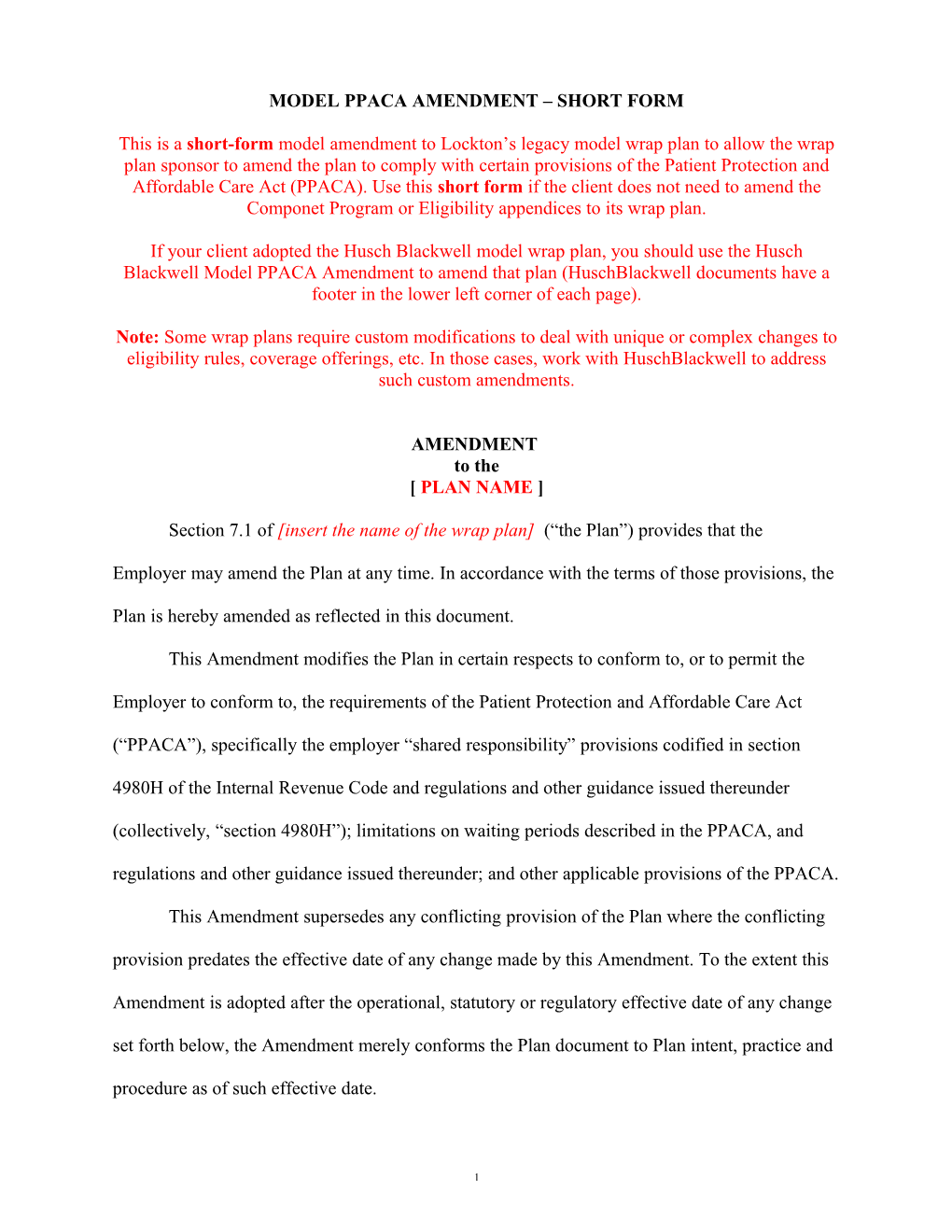 Model Ppaca Amendment Short Form