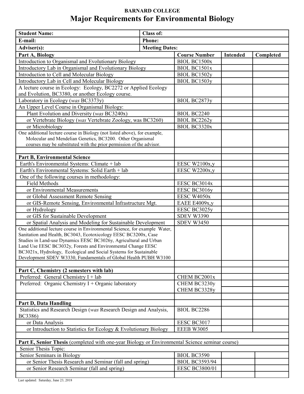 BARNARD COLLEGE Major Requirements for Environmental Biology