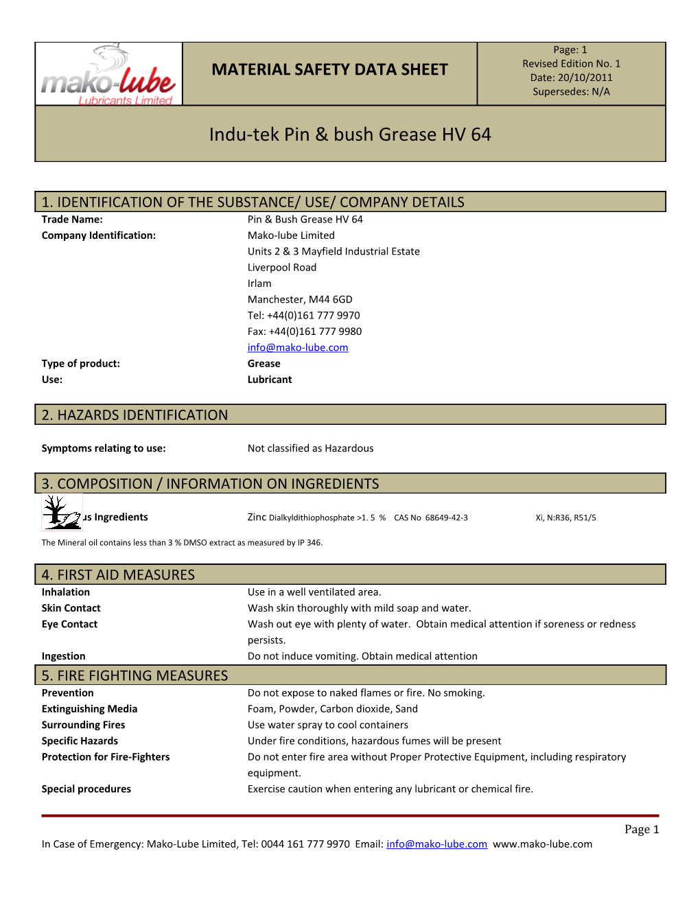 Trade Name:Pin & Bush Grease HV 64