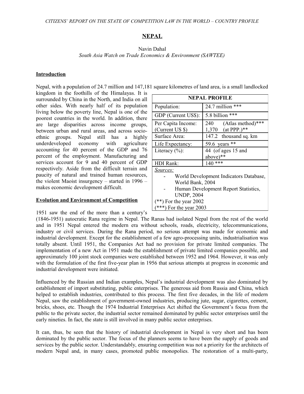 Citizens Report on the State of Competition Law in the World Country Profile