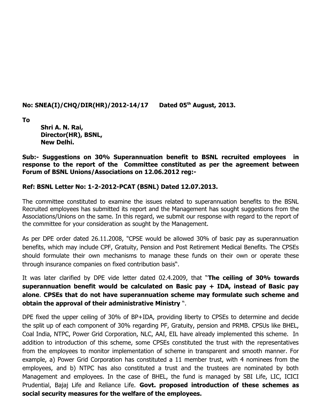 No: SNEA(I)/CHQ/DIR(HR)/2012-14/17 Dated 05Th August, 2013