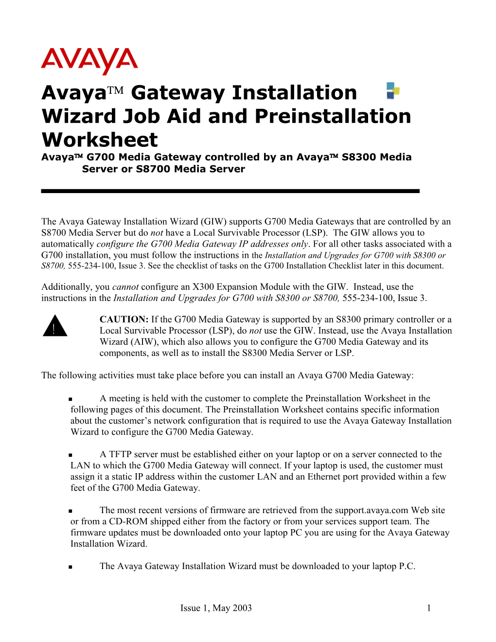 Avaya Installation Wizard (AIW) s1