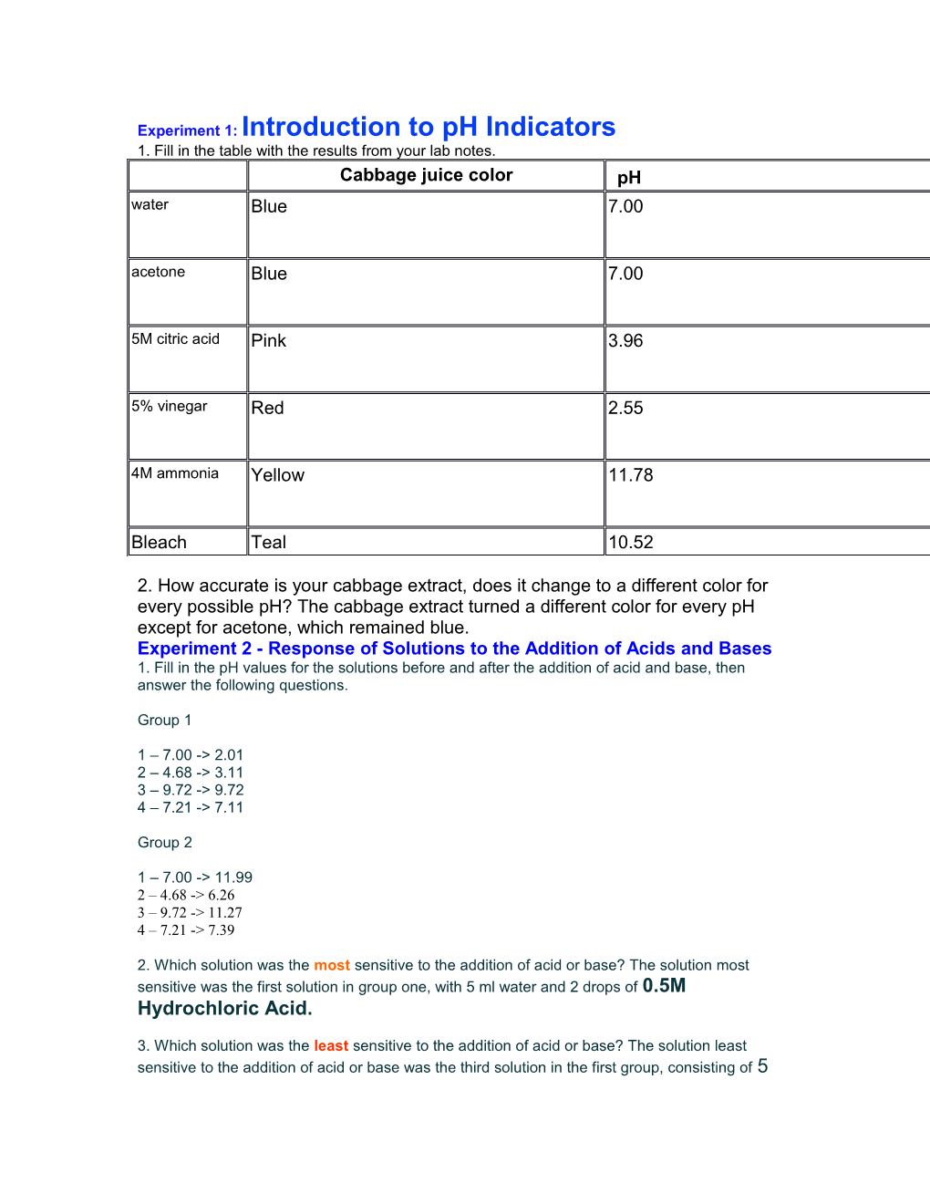 Experiment 1:Introduction to Ph Indicators