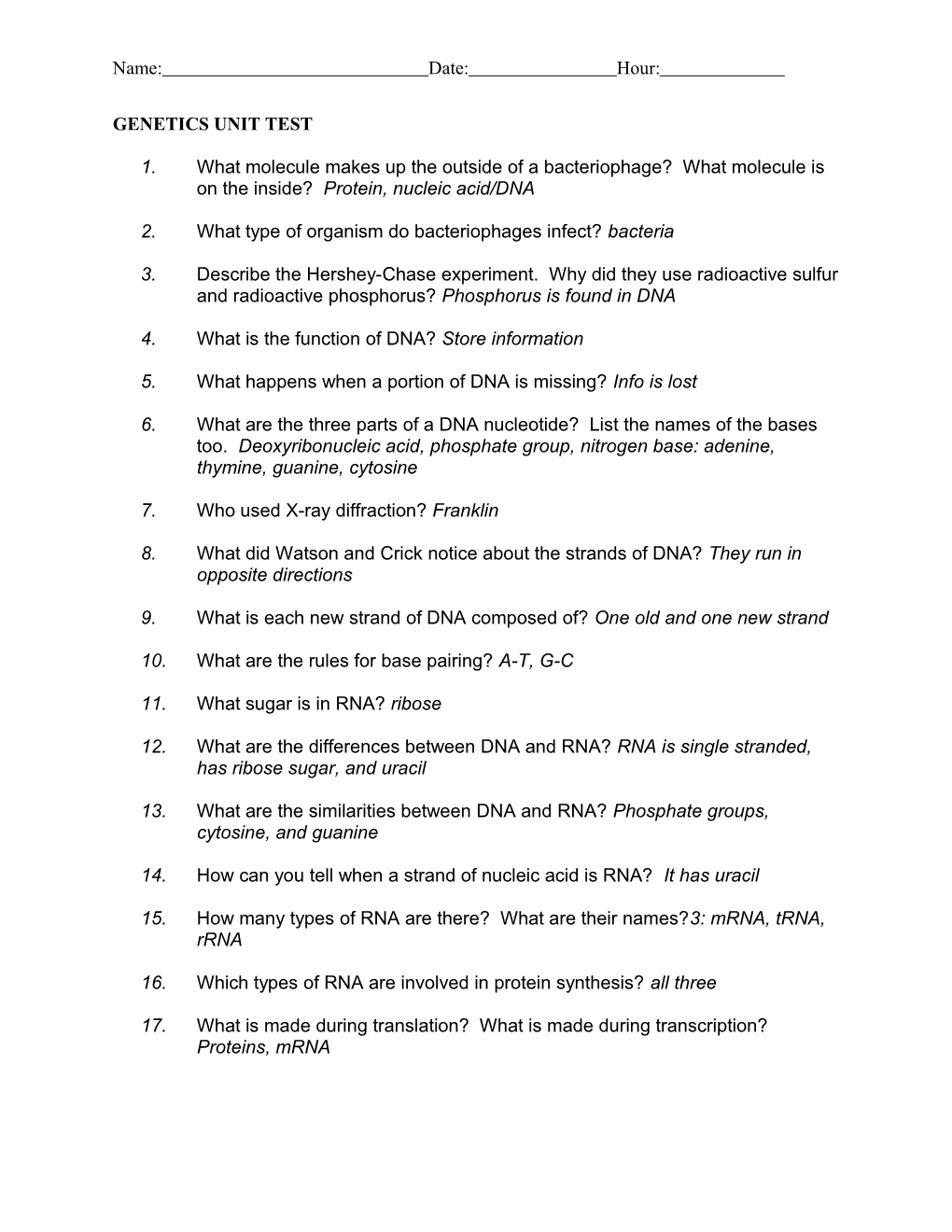 Genetics Unit Test