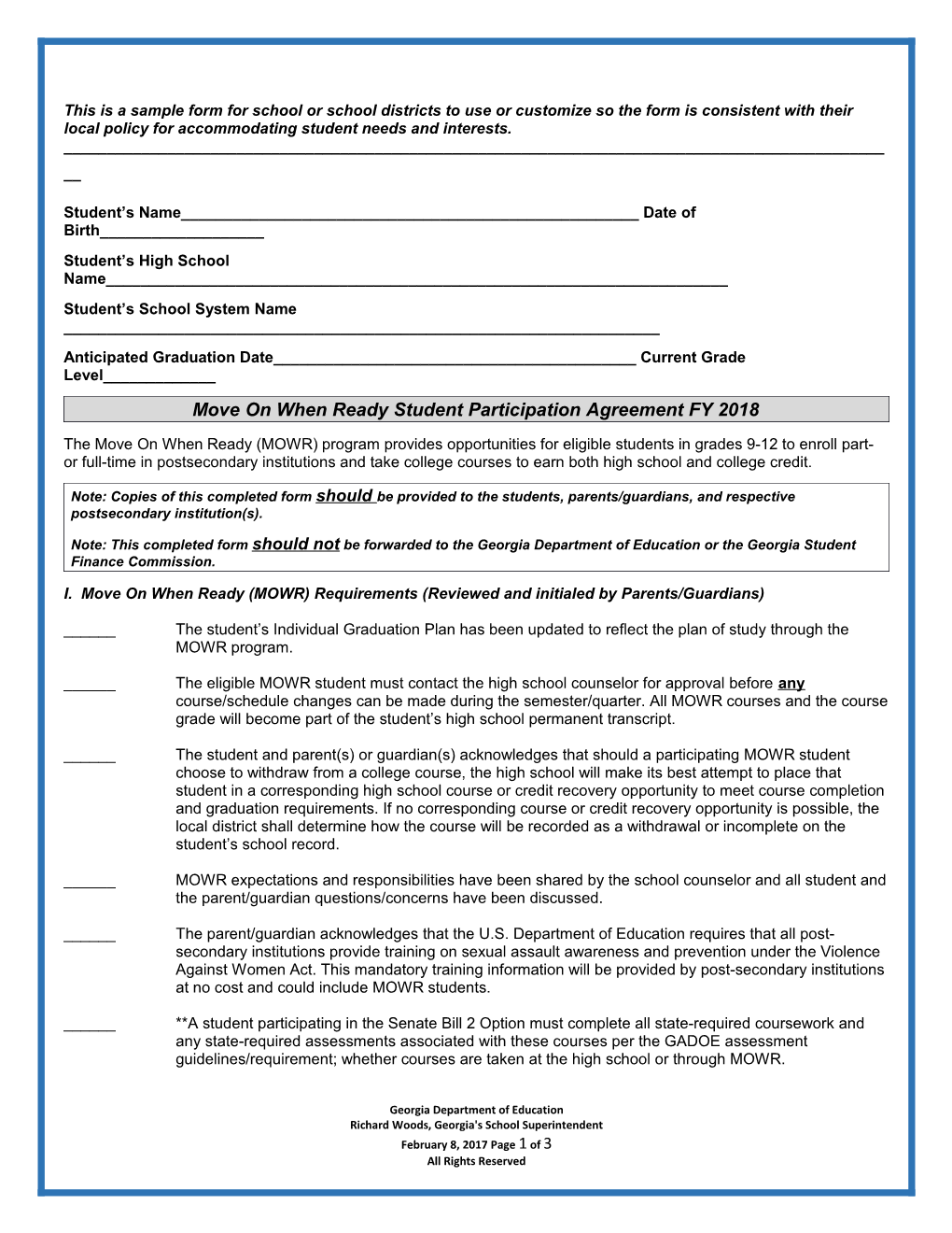 This Is a Sample Form for School Or School Districts to Use Or Customize So the Form Is