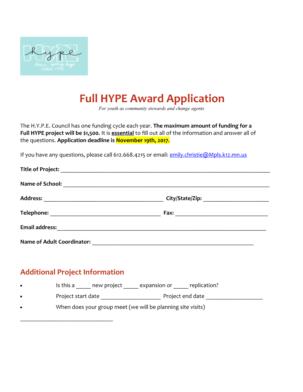 Full HYPE Award Application