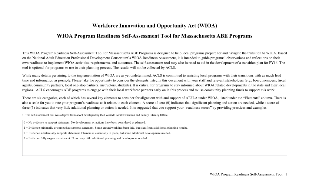 WIOA Program Readiness Self-Assessment Tool