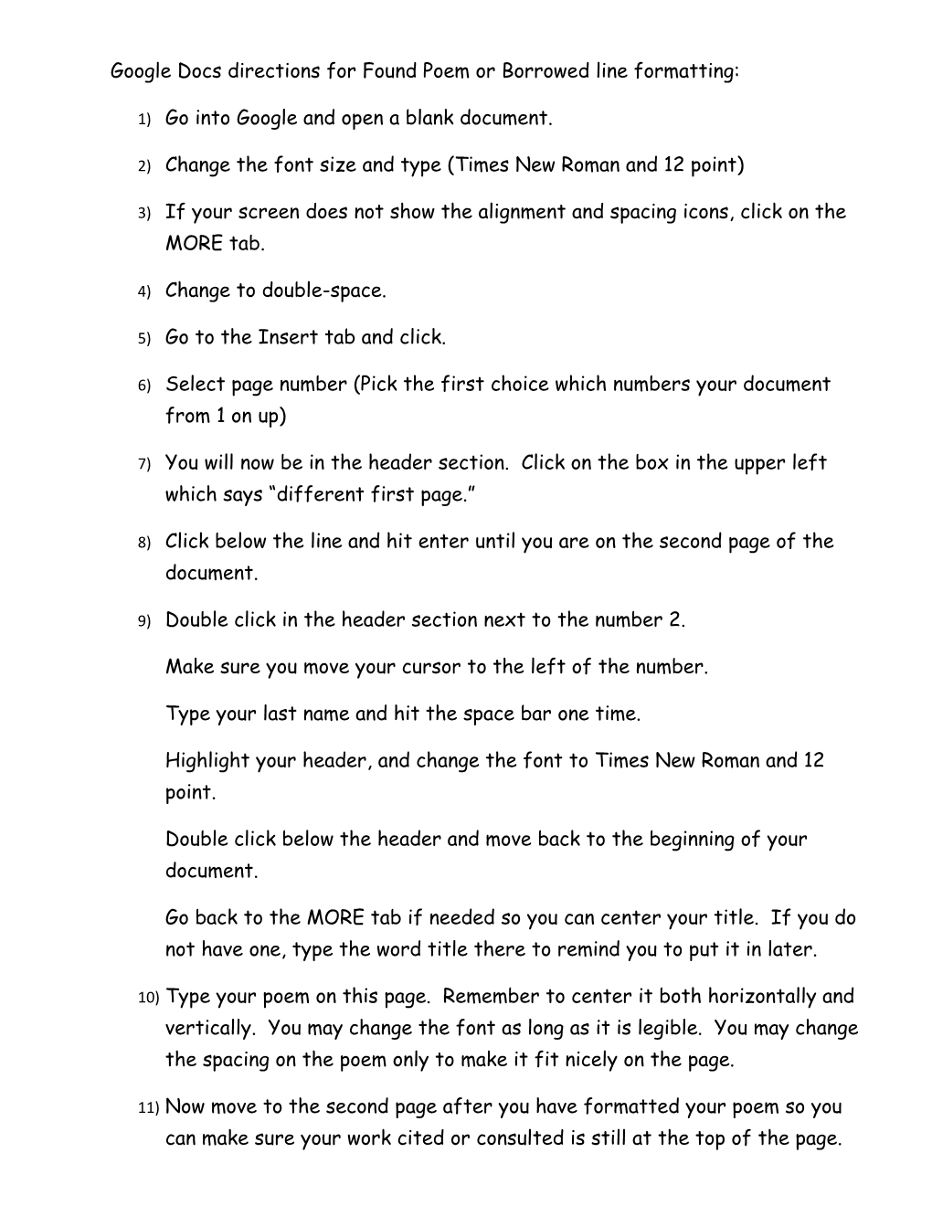 Google Docs Directions for Found Poem Or Borrowed Line Formatting