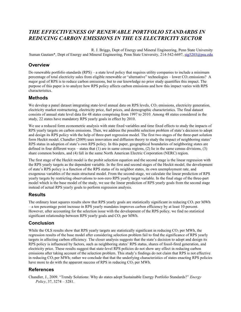 The Effectiveness of Renewable Portfolio Standards in Reducing Carbon Emissions in The