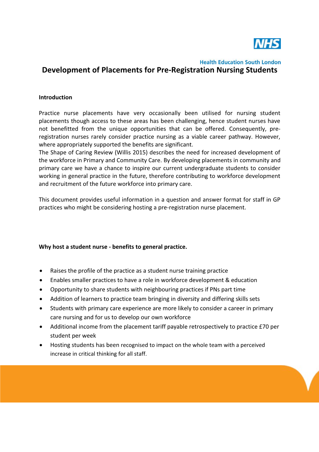 Development of Placements for Pre-Registration Nursing Students