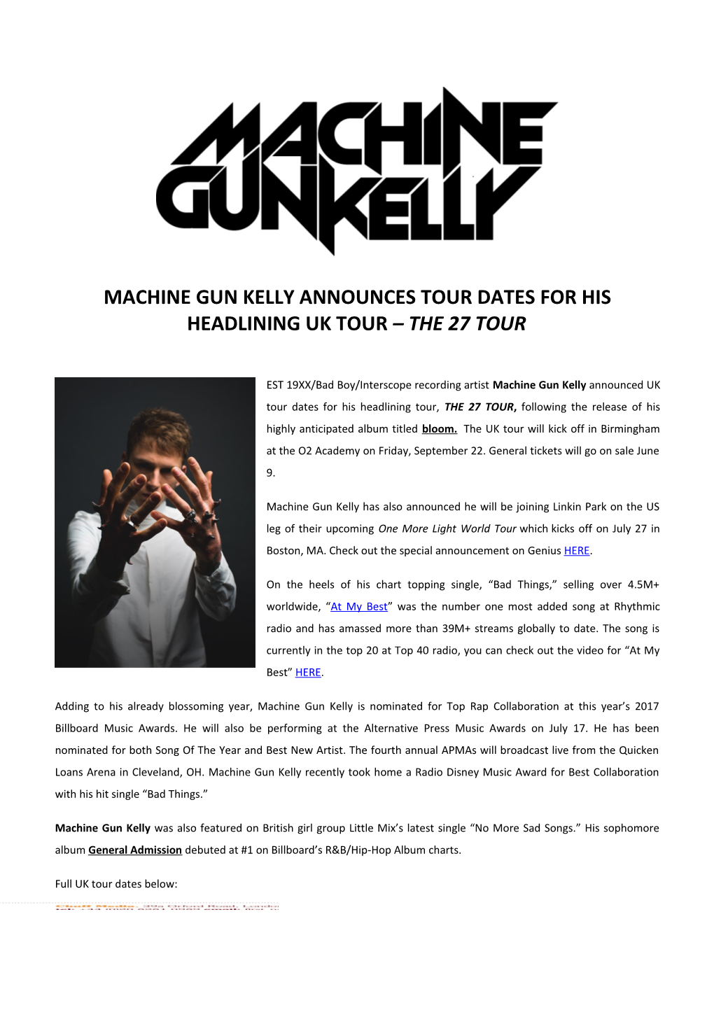 Machine Gun Kelly Announces Tour Dates for His Headlining Uk Tour the 27 Tour