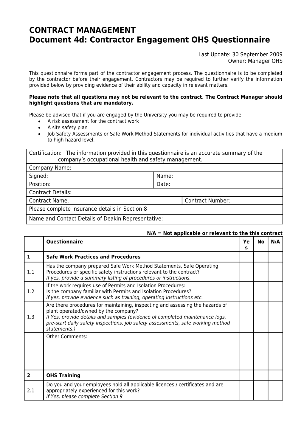 Contractor Engagement OHS Questionnaire