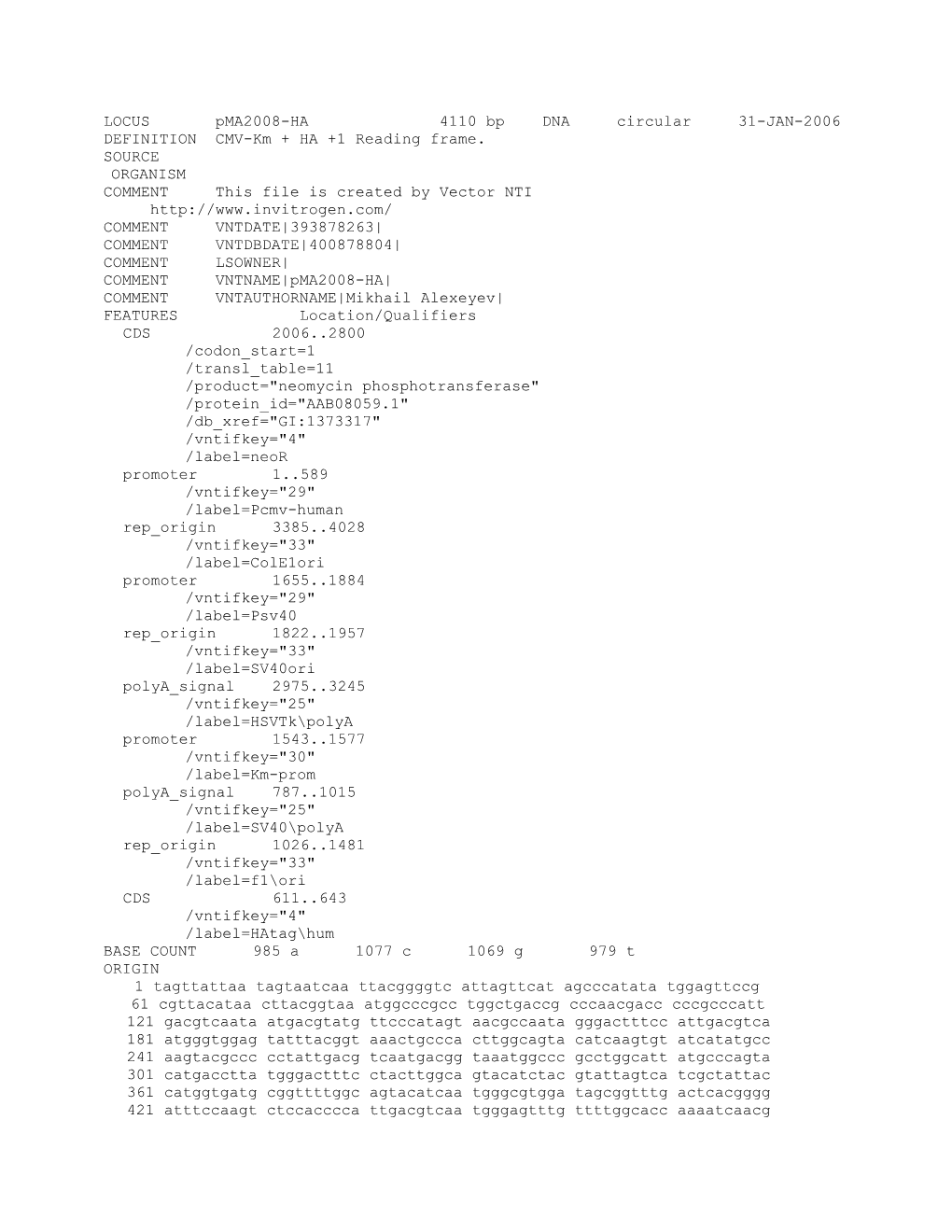 LOCUS Pma2008-HA 4110 Bp DNA Circular 31-JAN-2006