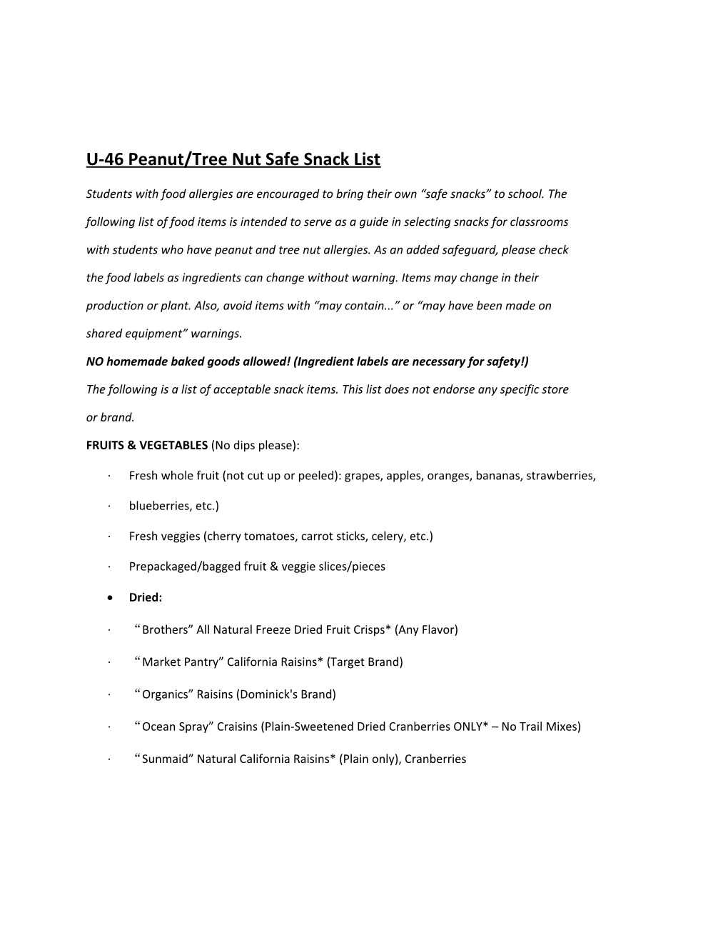 U-46 Peanut/Tree Nut Safe Snack List