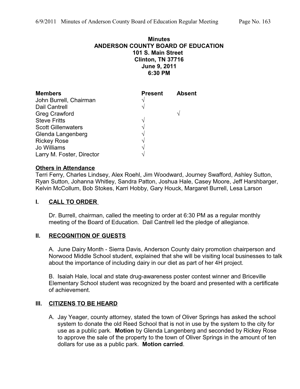 6/9/2011 Minutes of Andersoncounty Board of Education Regular Meeting Page No. 1