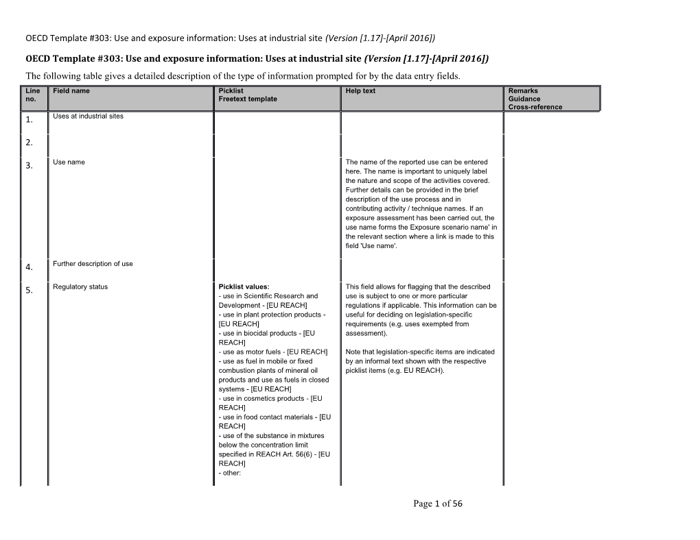 OECD Template #303: Use and Exposure Information: Uses at Industrial Site (Version 1.17