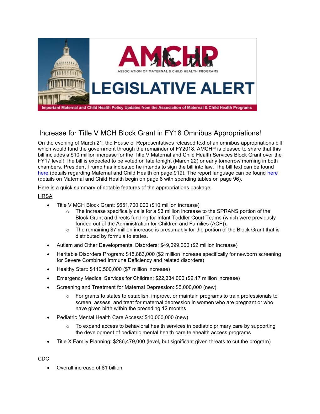 Increase for Title V MCH Block Grant in FY18 Omnibus Appropriations