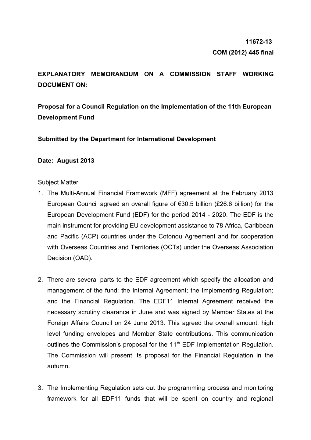 Explanatory Memorandum on a Commission Staff Working Document On