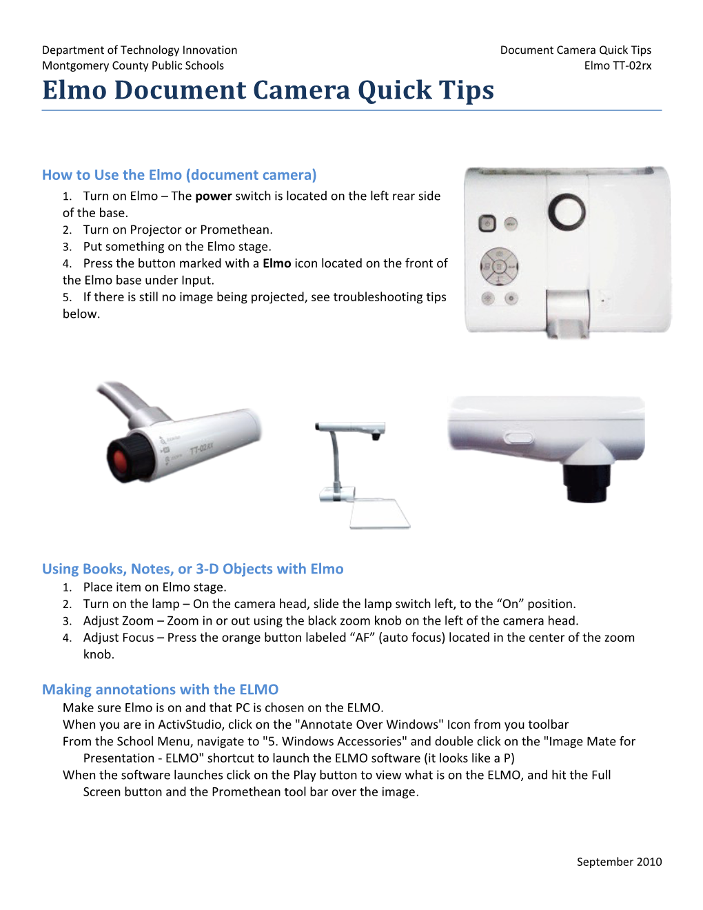 Department of Technology Innovationdocument Camera Quick Tips