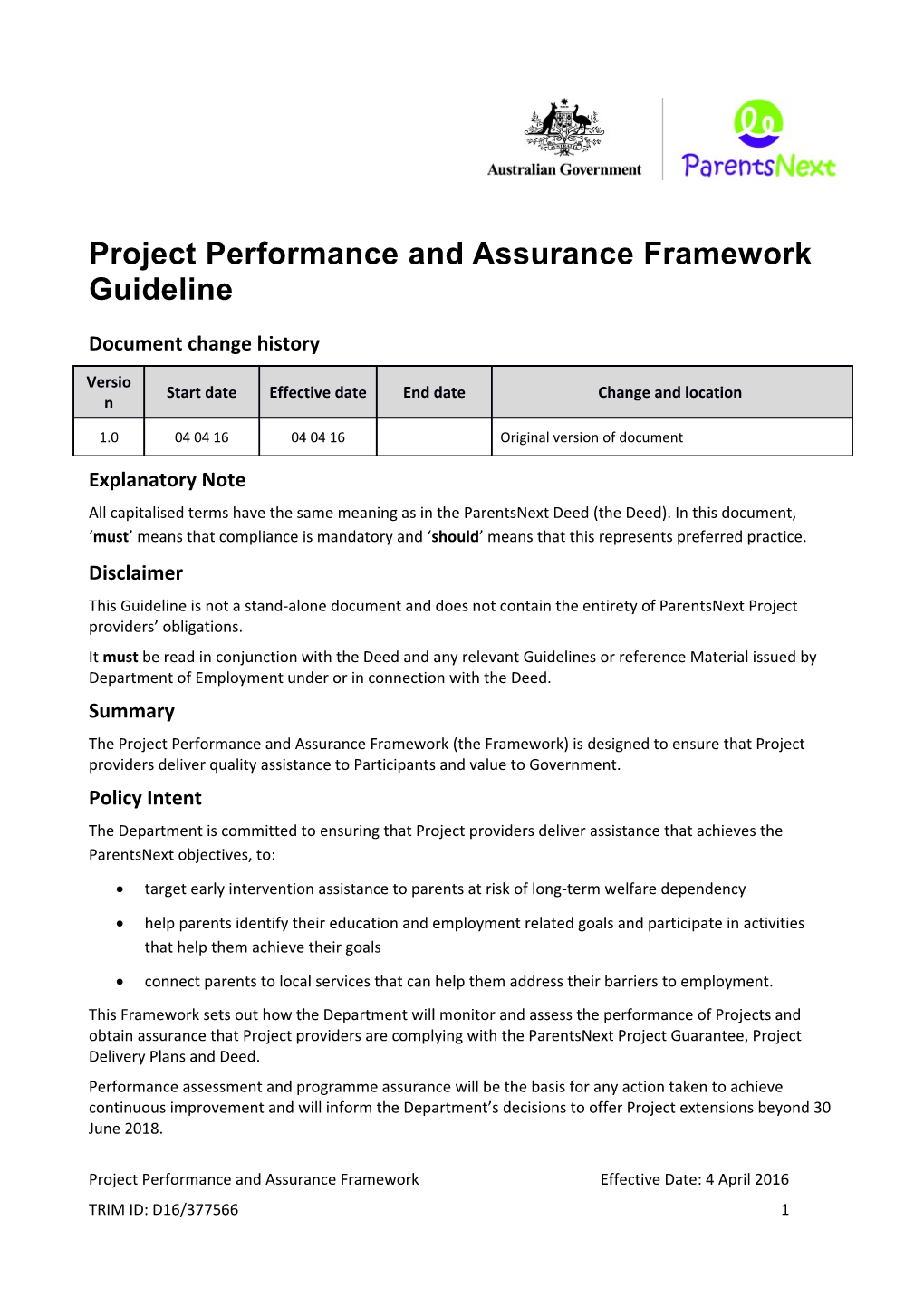 Project Performance and Assurance Framework Guideline