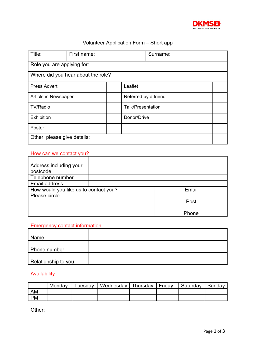 Volunteer Application Form Short App