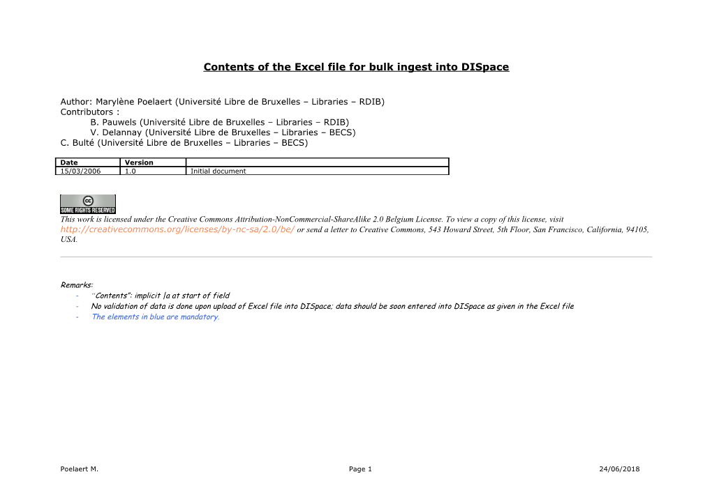 Contents of the Excel File for Bulk Ingest Into Dispace