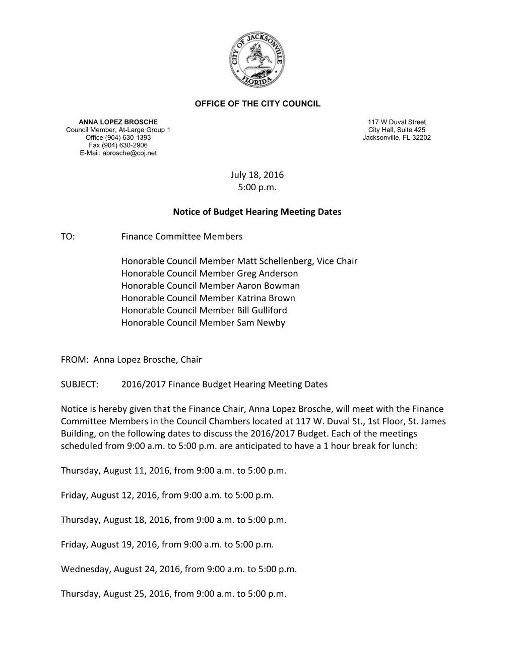 Notice of Budget Hearing Meeting Dates