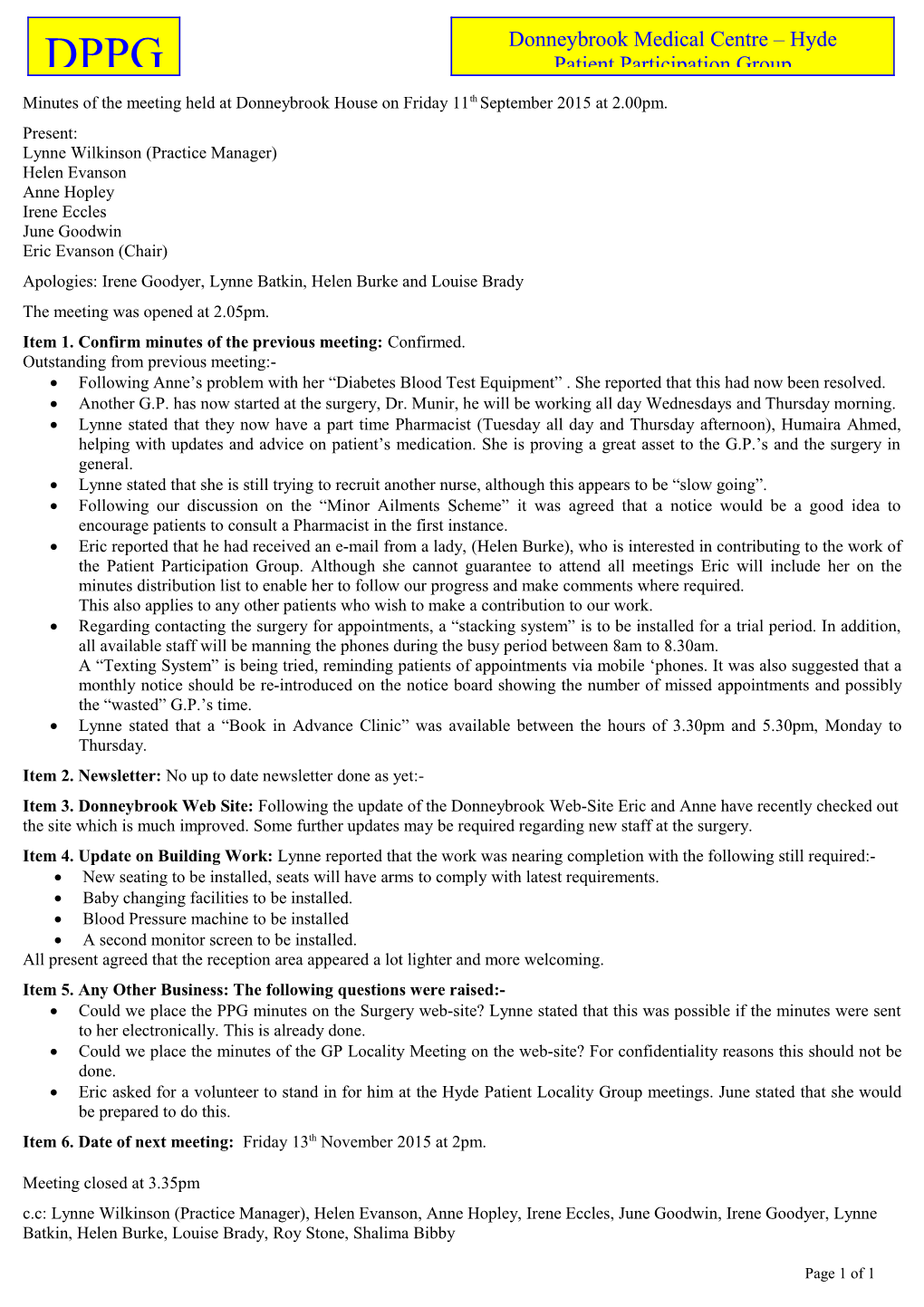 Minutes of the Meeting Heldat Donneybrook House on Friday 11Thseptember 2015 at 2.00Pm