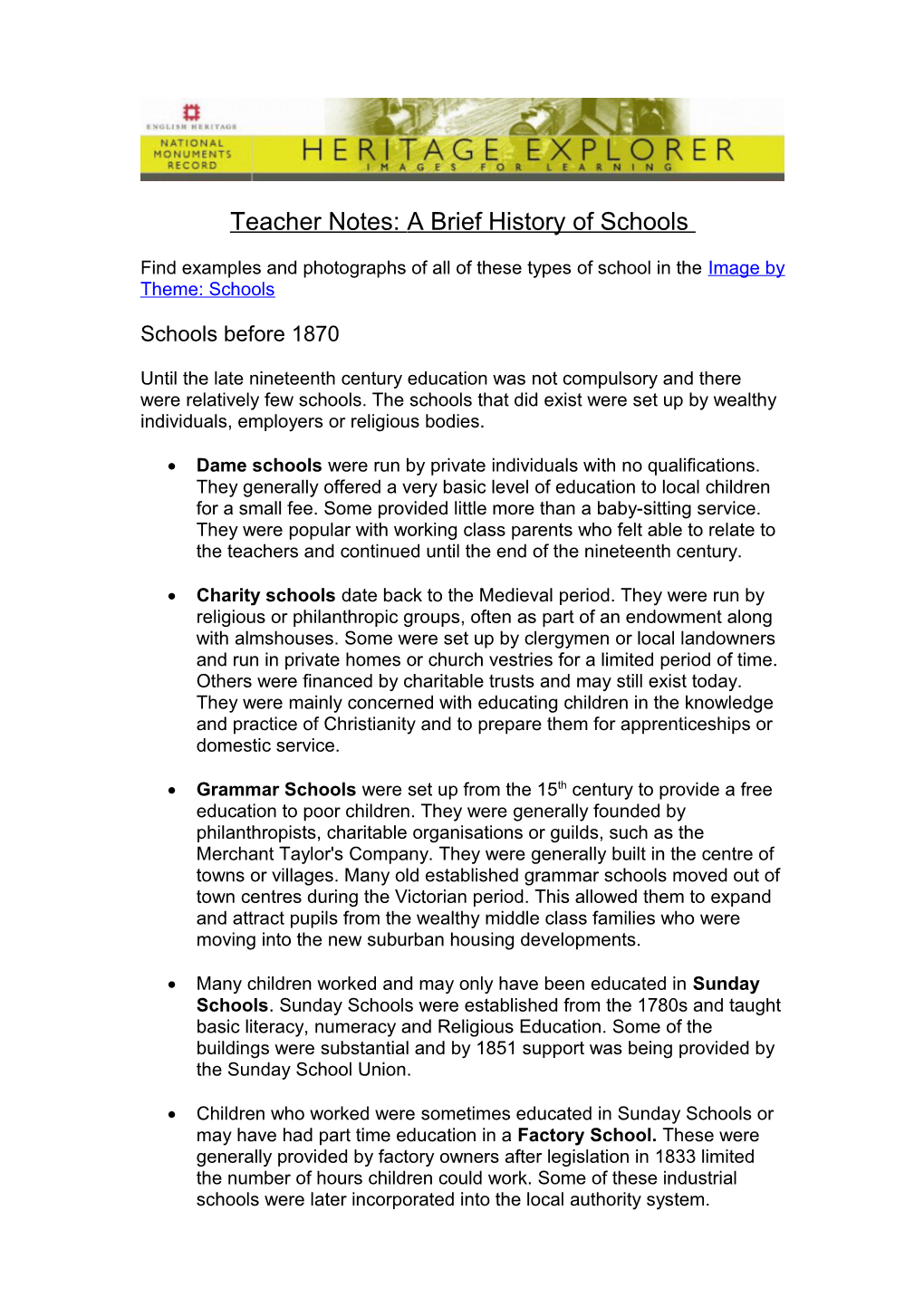 Teacher Notes: a Brief History of Schools