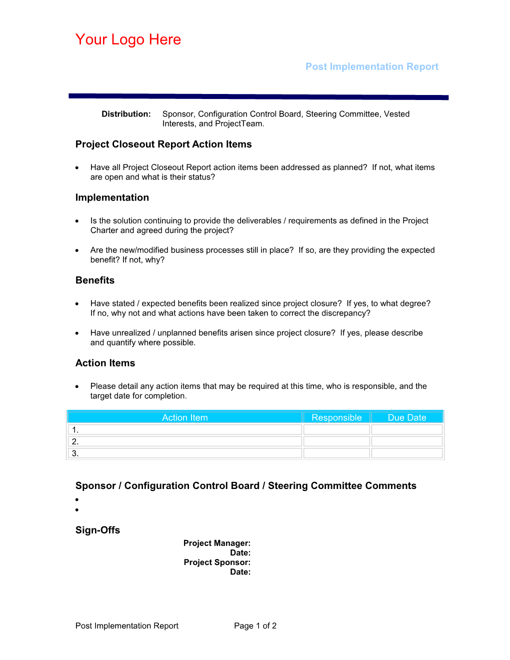 Project Closeout Report Action Items