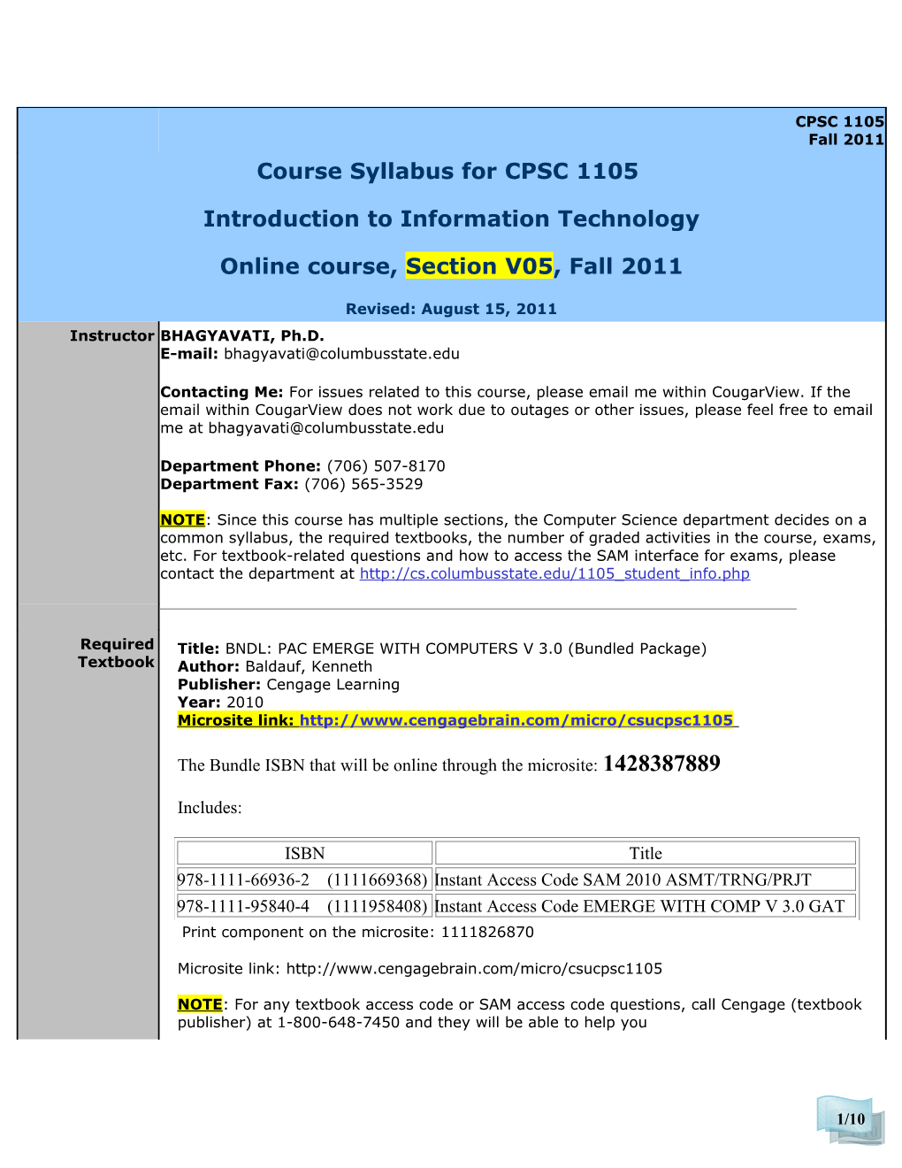 Course Syllabus for CPSC 1105