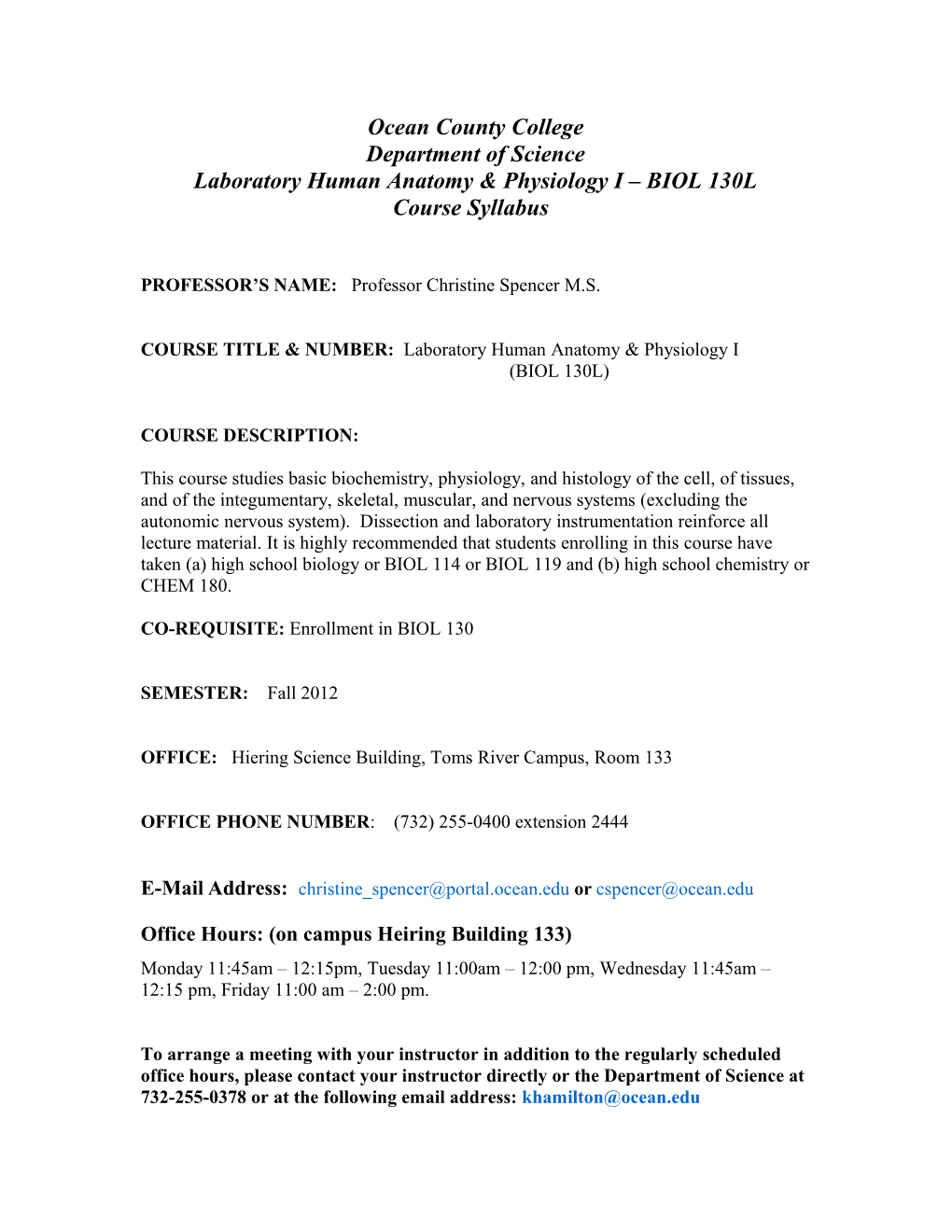 Laboratory Human Anatomy & Physiology I BIOL 130L