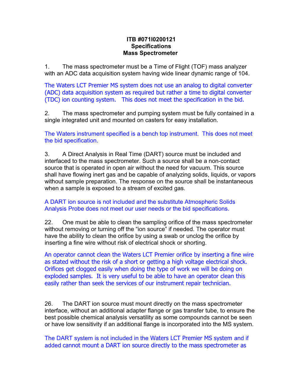 Specifications for Accu TOF-Dart-EZ Mass Spectrometer Instrument