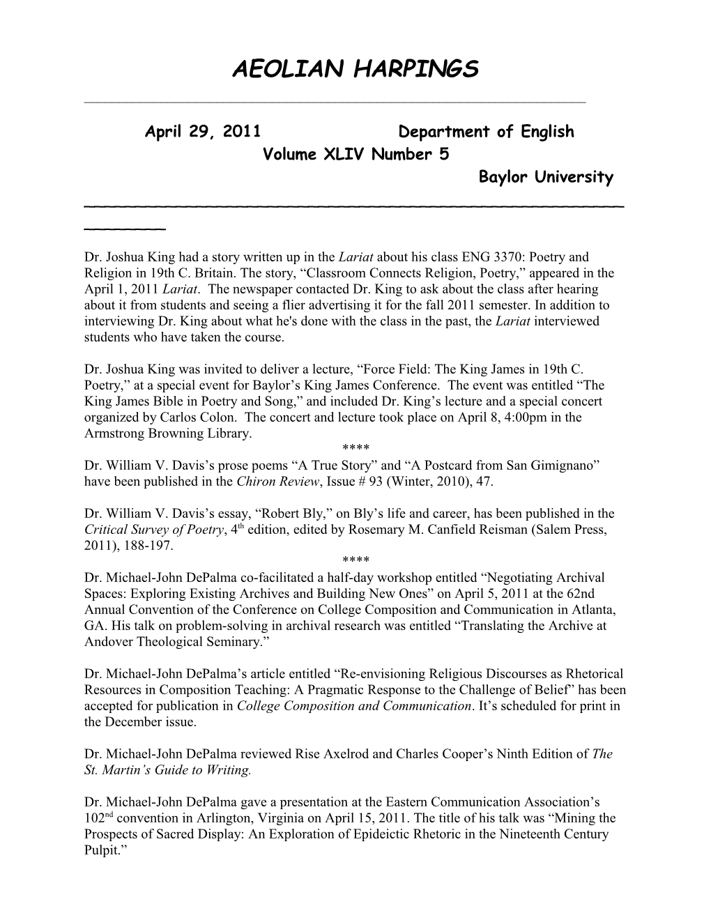 April 29, 2011 Department of English Volume XLIV Number 5