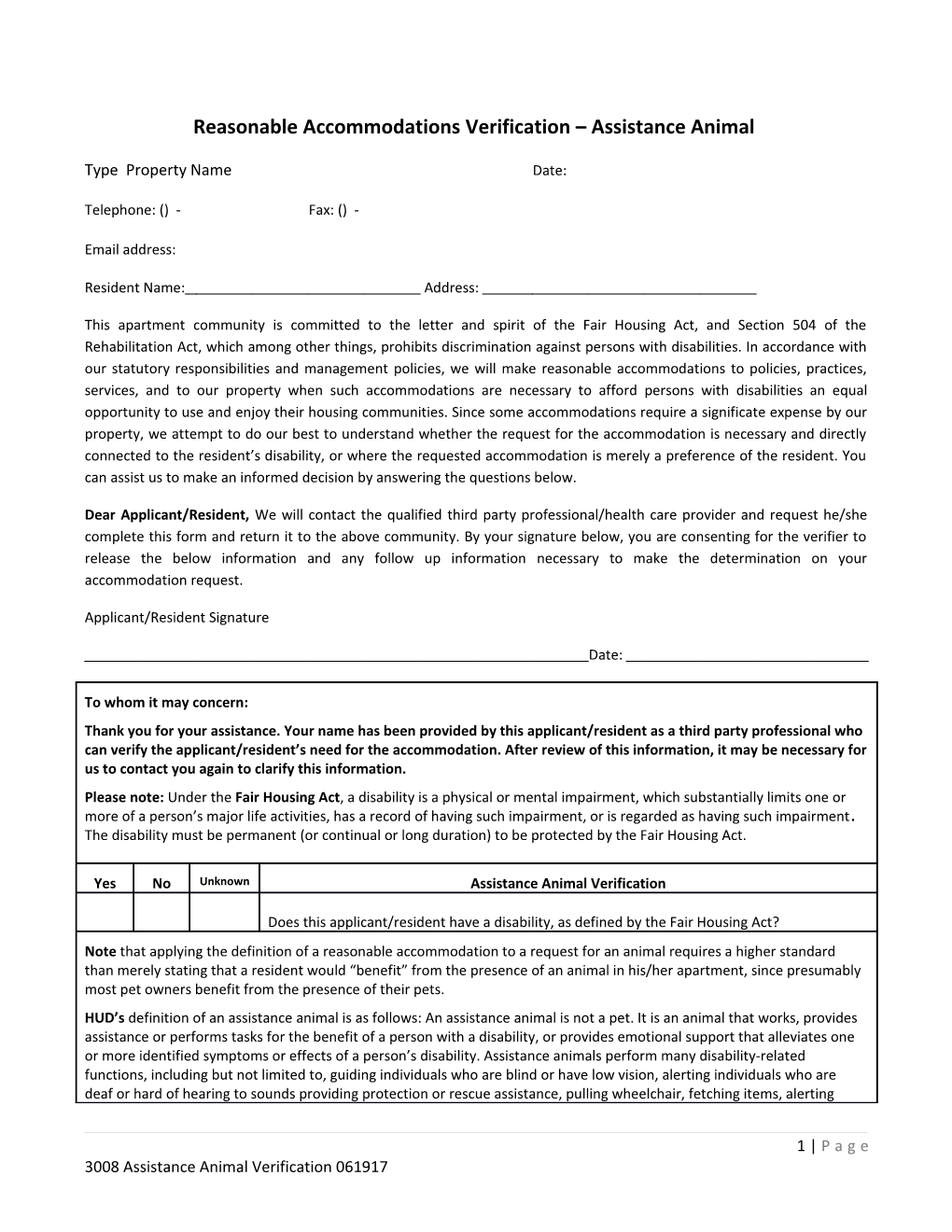 Reasonable Accommodations Verification Assistance Animal