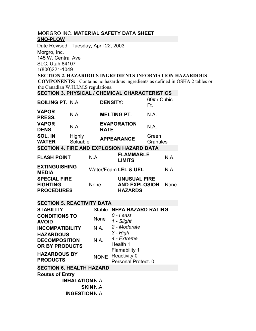 Morgro Inc. Material Safety Data Sheet