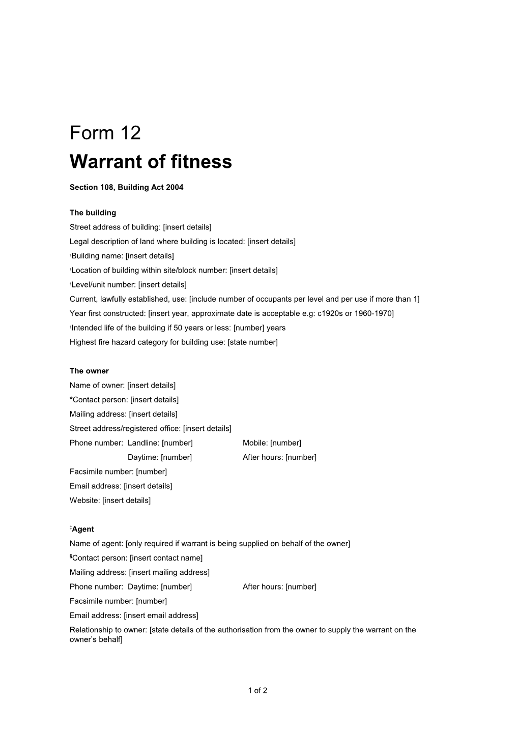 Form 12 - Warrant of Fitness