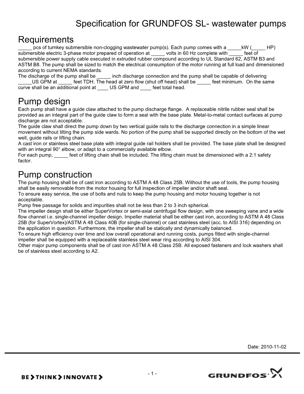 Specification for GRUNDFOS SL- Wastewater Pumps