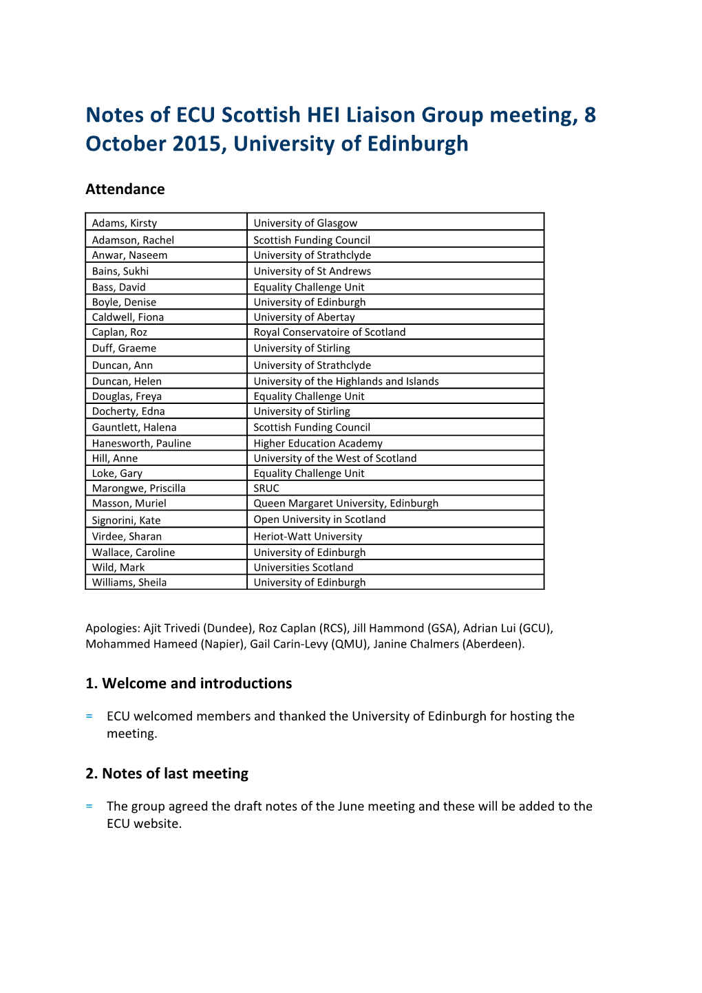 Notes of ECU Scottish HEI Liaison Group Meeting, 8 October 2015, University of Edinburgh