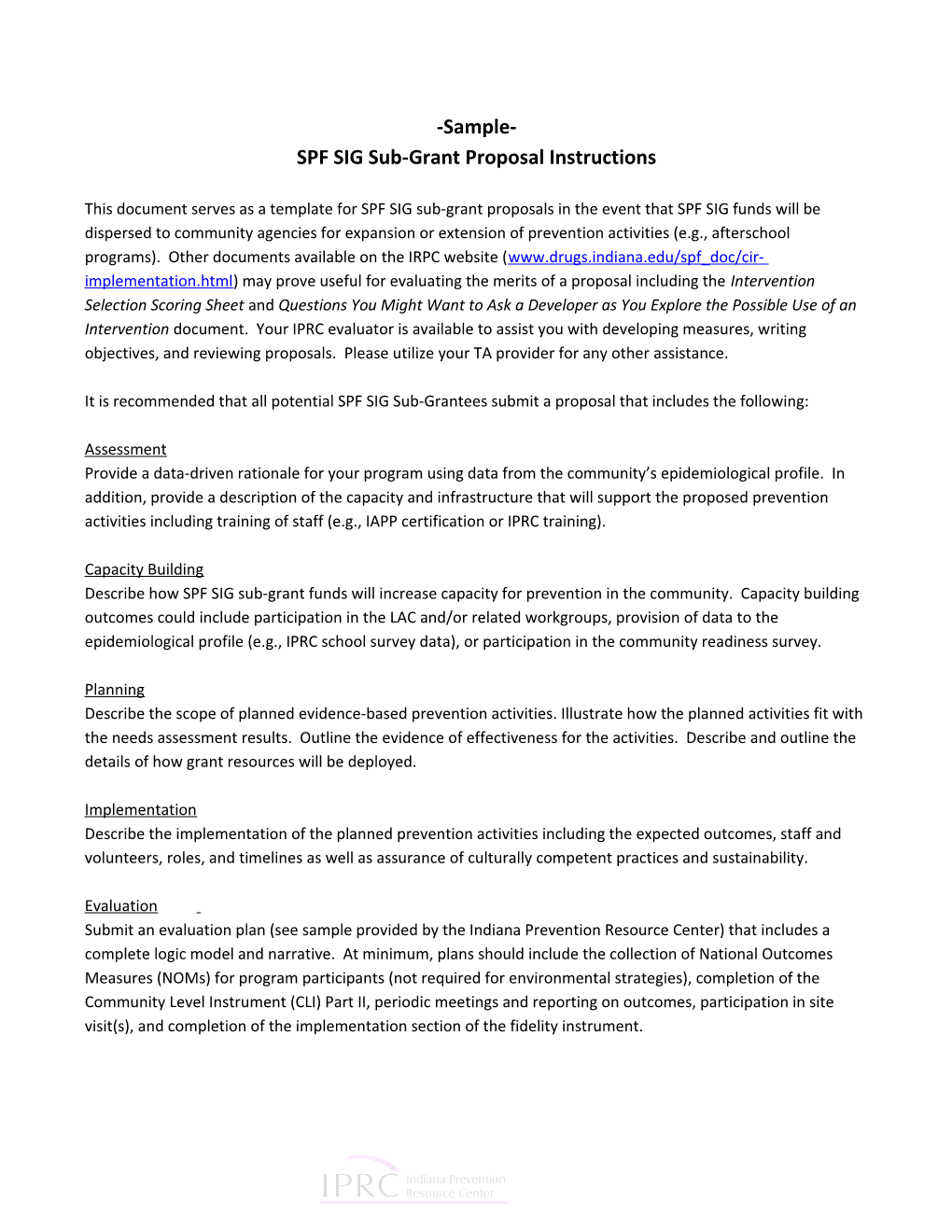 SPF SIG Sub-Grant Proposal Instructions