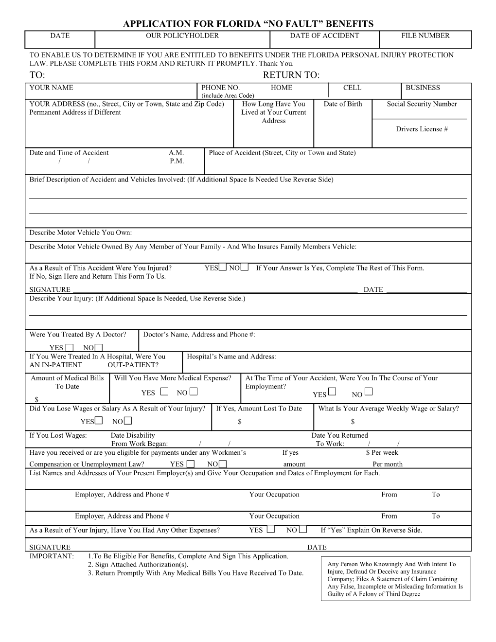 Application for Florida No Fault Behefits