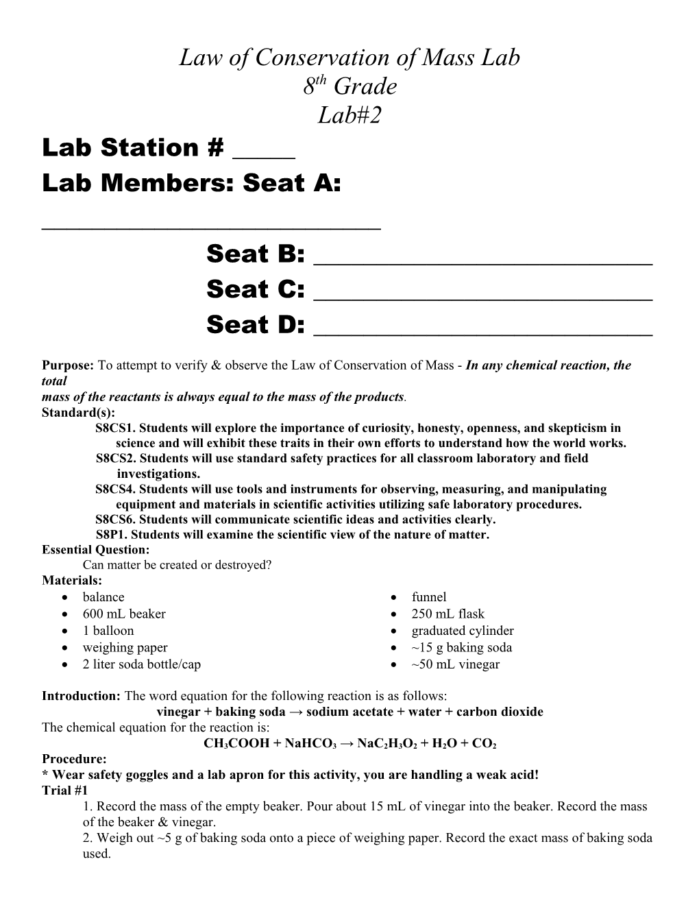 Law of Conservation of Mass Lab
