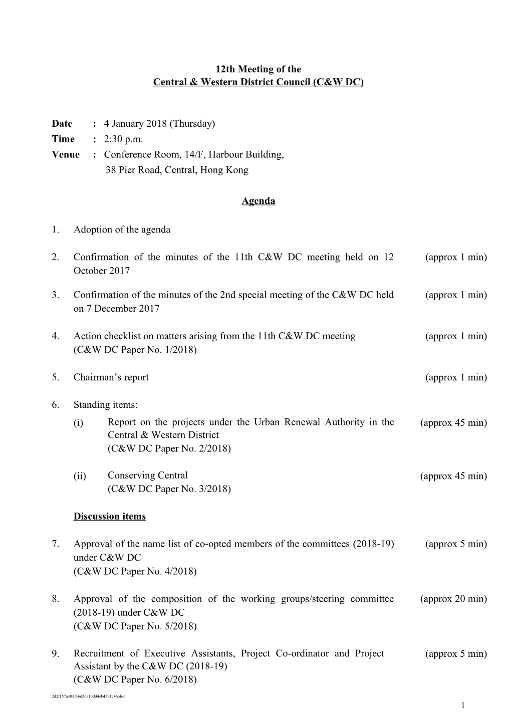 12Th Meeting of the Central & Western District Council (C&W DC) Agenda