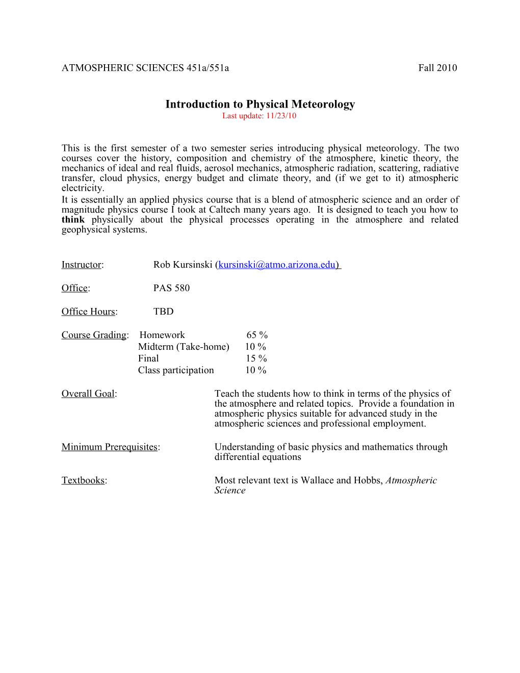 ATMOSPHERIC SCIENCES 451A/551A Fall 2010