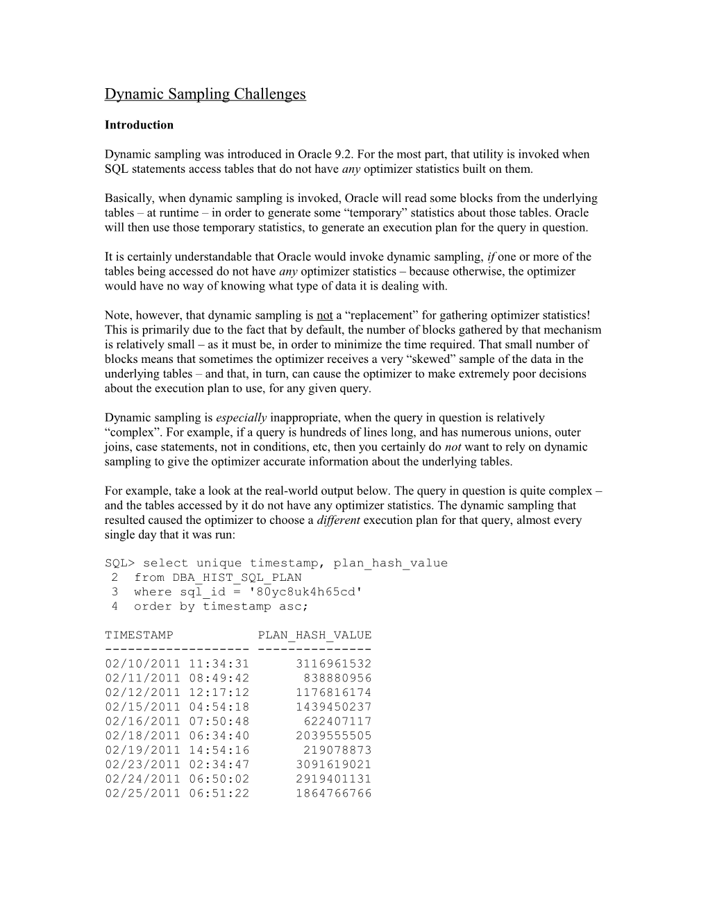 Dynamic Sampling Behavior, in Oracle 11