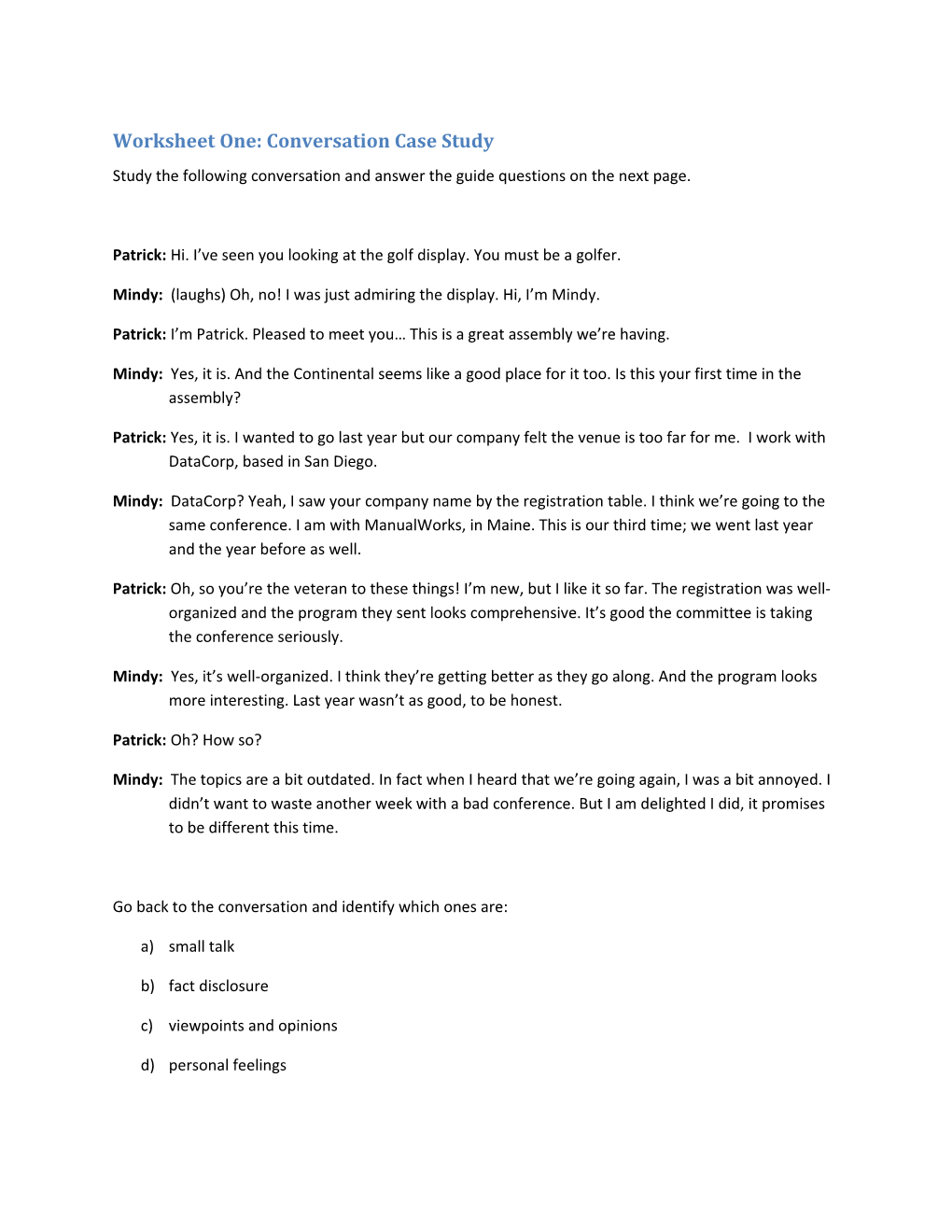 Worksheet One: Conversation Case Study