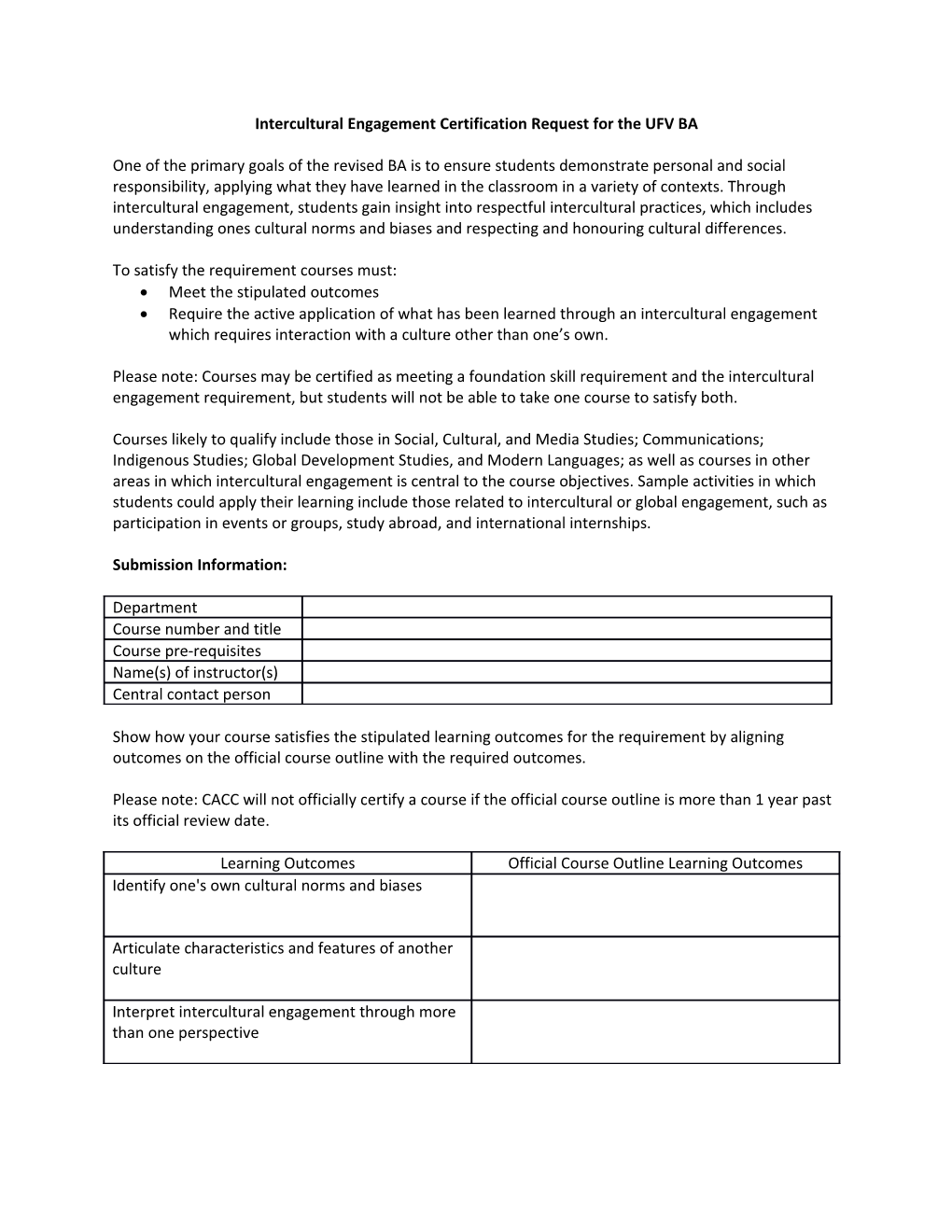 Intercultural Engagement Certification Request for the UFV BA