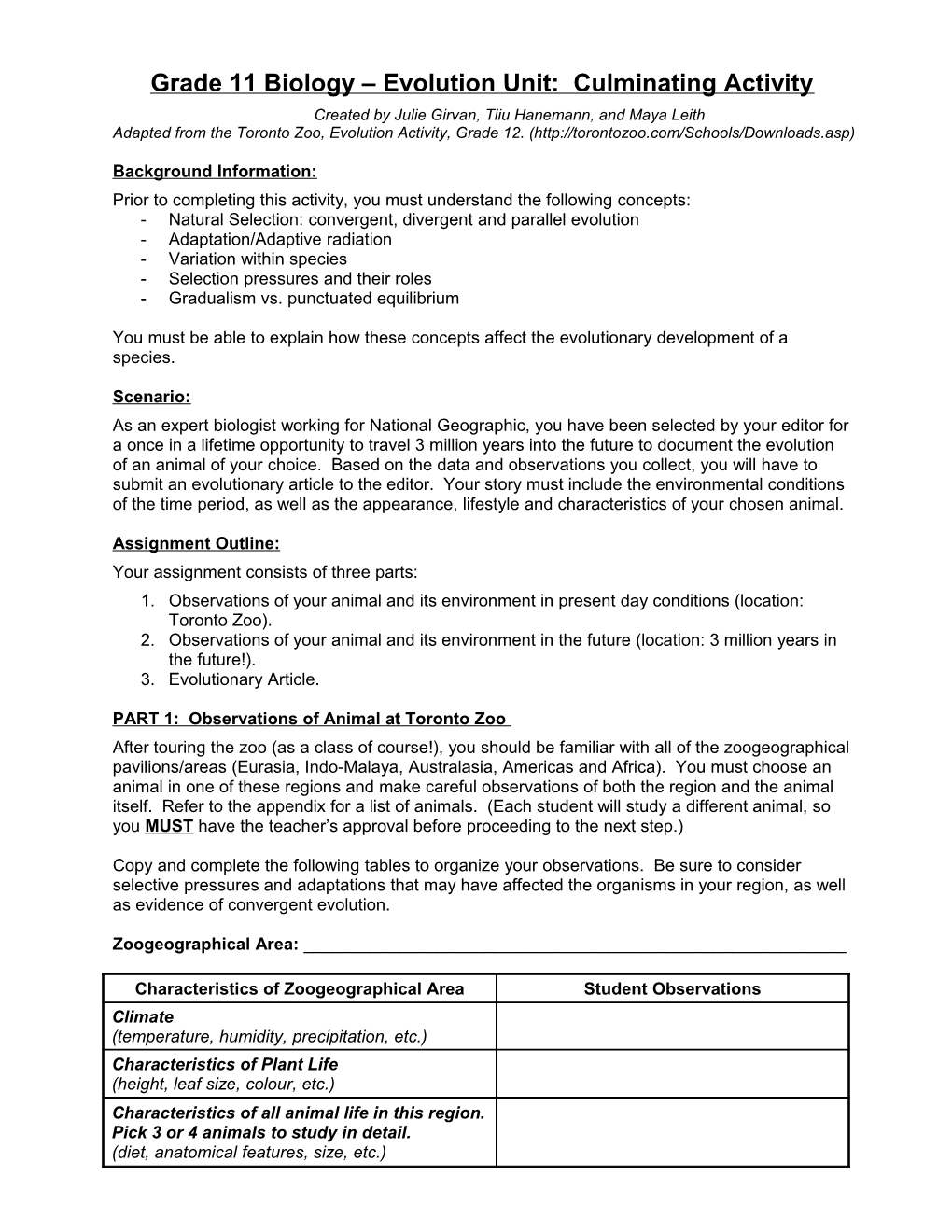 Grade 11 Biology Evolution Unit